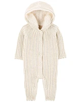 Baby Ribbed Sweater Knit Button-Front Jumpsuit - Cream