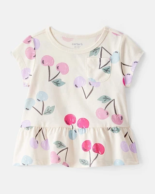 Baby Girl Cherry Print Short-Sleeve Peplum Top - White