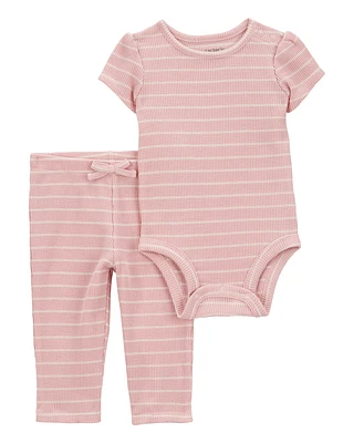 Baby 2-Piece Striped Short-Sleeve Waffle Knit Bodysuit Pant Set