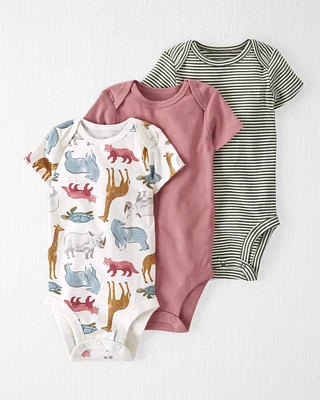 Baby Organic Cotton Rib 3-Pack Animal & Striped Bodysuits