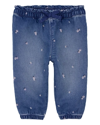 Baby Floral Print Knit-Like Denim Joggers