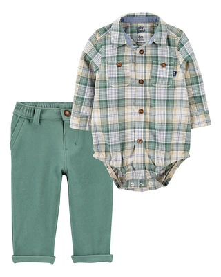 Baby 2-Piece Plaid Button-Down Bodysuit & Knit Pants Set - Green