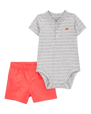Baby Boy 2-Piece Striped Bodysuit & Pull-On Short Set - Grey/Orange