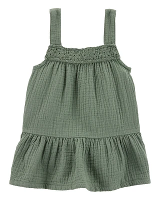 Toddler Gauze Crotchet Knit Tank-Olive