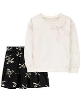 Kid 2-Piece Bow Print Sweatshirt & Skirt Set