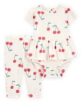 Baby 2-Piece Cherry Peplum Bodysuit Pant Set - Ivory/Red