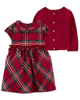 Baby 2-Piece Plaid Sateen Holiday Dress & Cardigan Set