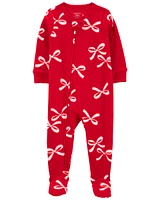 1-Piece Christmas Bow Fleece Footie Pyjamas