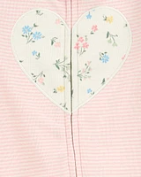 Baby Heart Striped 2-Way Zip Cotton Sleeper Pyjamas - Pink