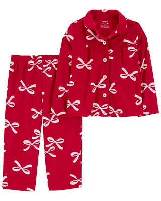 Toddler 2-Piece Christmas Bow Coat Style Fleece Pajamas