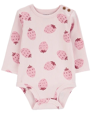 Baby Strawberry Ribbed Long-Sleeve Bodysuit