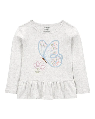 Toddler Butterfly Jersey Long-Sleeve Peplum Top - Grey