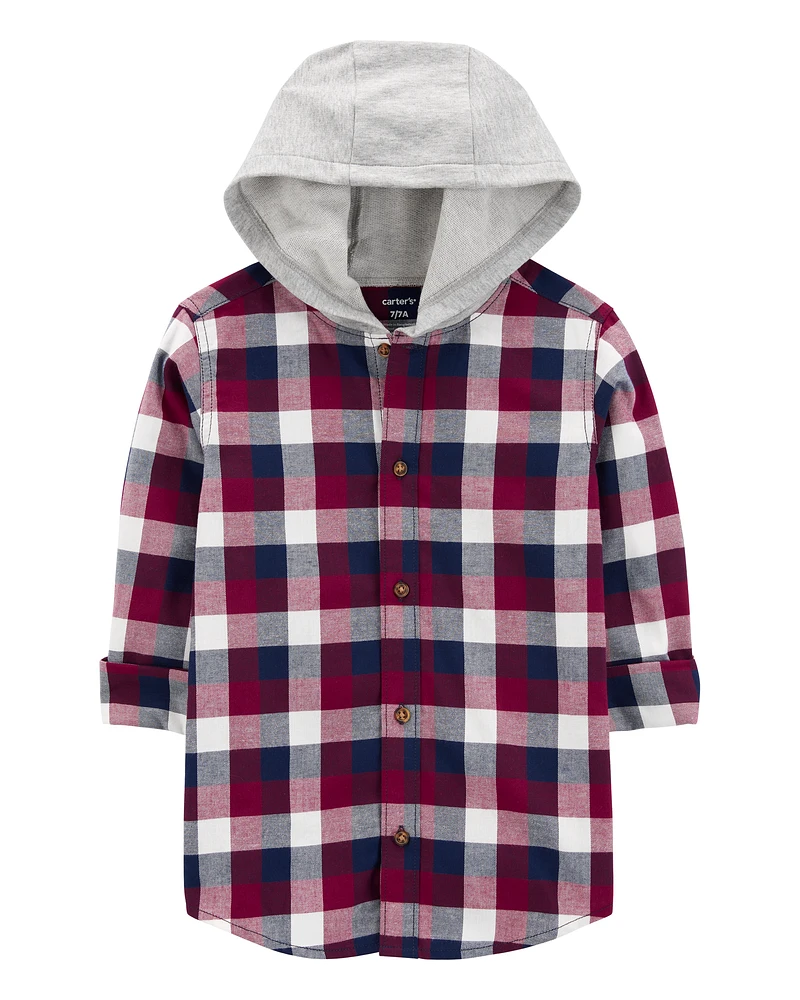 Kid Plaid Hooded Button-Down Shirt