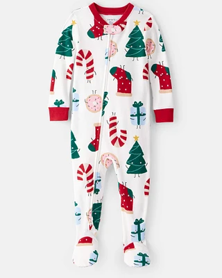 Toddler Christmas Print 100% Cotton Long-Sleeve 2-Way Zip 1-Piece pyjamas - White