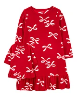 2-Piece Bow Print Fleece Nightgown & Doll Set