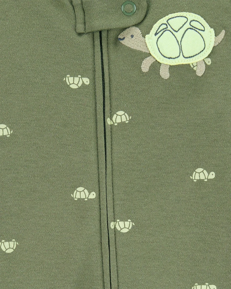 Baby Turtle Print 2-Way Zip Cotton Sleeper Pyjamas - Green