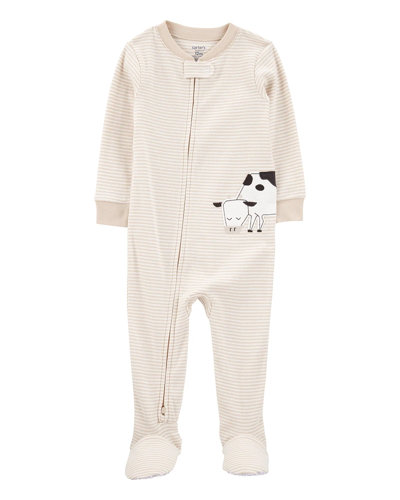 Toddler Cow Striped Snug Fit Cotton Footie 1-Piece Pyjamas - Tan