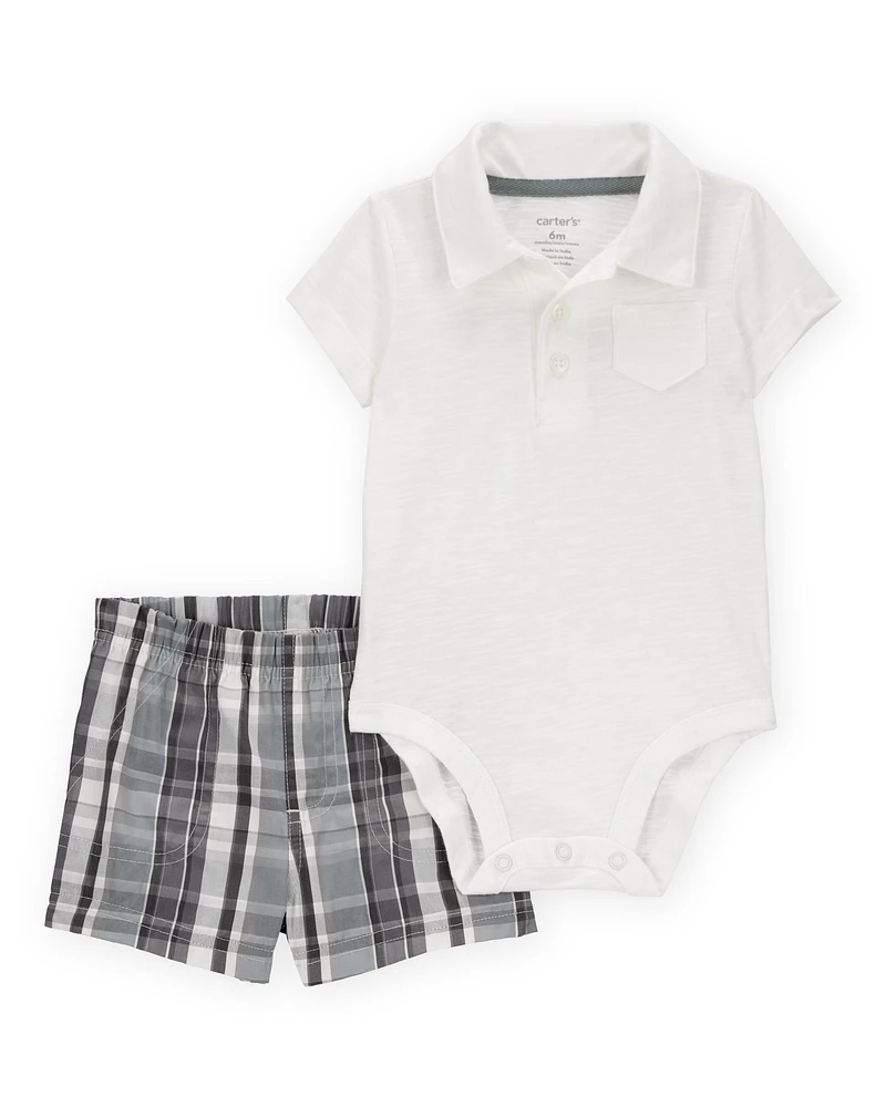 Baby 2-Piece Polo Bodysuit & Plaid Short Set - Ivory/Grey