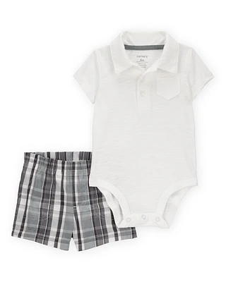 Baby 2-Piece Polo Bodysuit & Plaid Short Set - Ivory/Grey