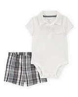 Baby 2-Piece Polo Bodysuit & Plaid Short Set - Ivory/Grey