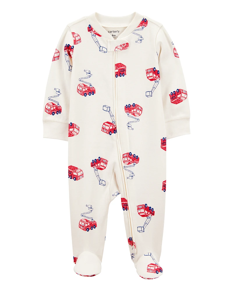 Baby Fire Truck Print 2-Way Zip Cotton Sleeper Pyjamas - Cream