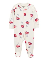 Baby Fire Truck Print 2-Way Zip Cotton Sleeper Pyjamas - Cream
