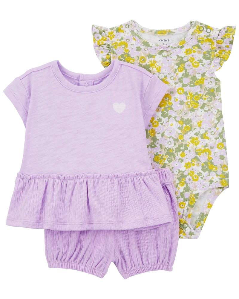 3-Piece Floral Crinkle Jersey Little Short Set