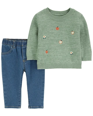 Baby 2-Piece Apple Sweater & Denim Pant Set