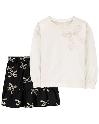 Kid 2-Piece Bow Print Sweatshirt & Skirt Set