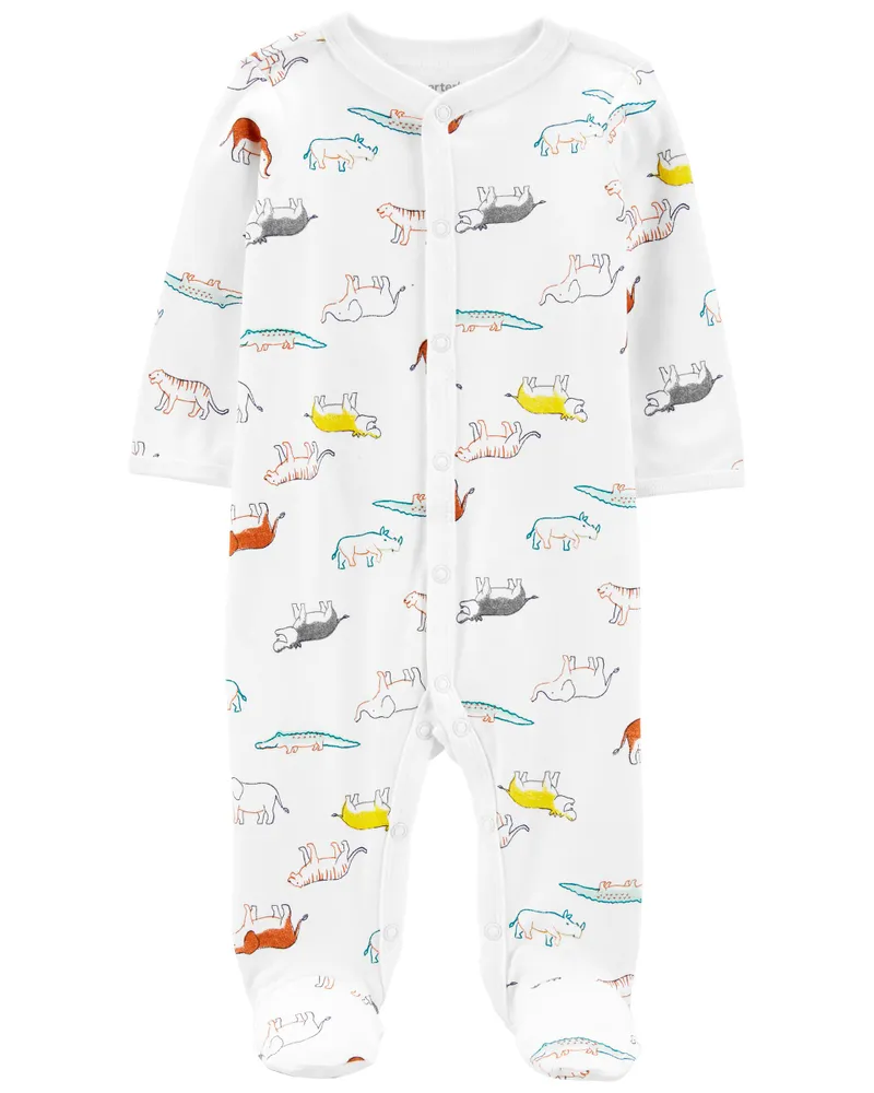 Ivory Animal Print Snap-Up Cotton Sleeper Pyjamas