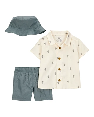 Baby 3-Piece Cactus Short & Hat Set - Ivory/Green
