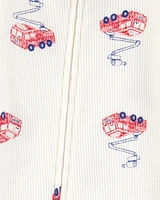 Toddler Fire Truck Print Waffle Knit Footie 1-Piece Pyjamas