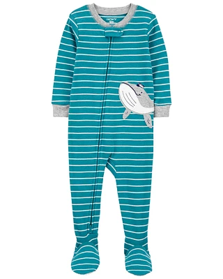 Toddler 1-Piece Striped Whale 100% Snug Fit Cotton Footed Pyjamas