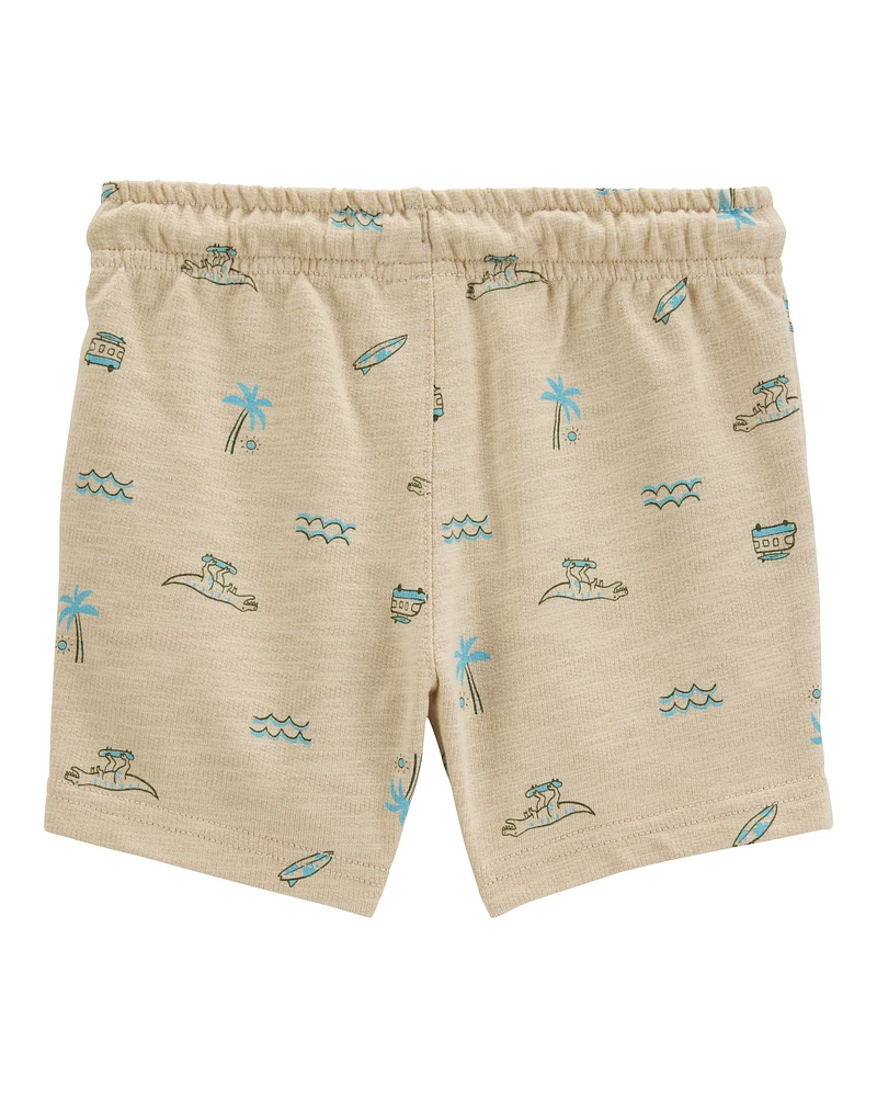Baby Beach Print Pull-On French Terry Shorts - Khaki