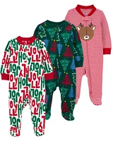 Baby 3-Pack Christmas Zip-Up Sleep & Play Pajamas