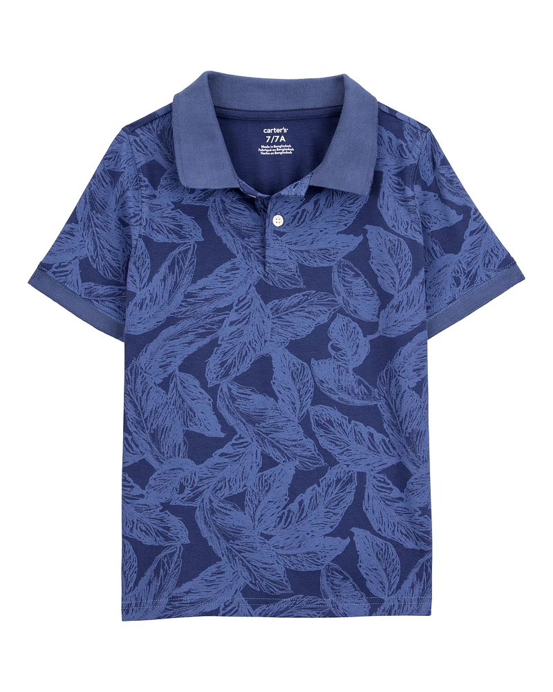 Kid Leaves Print Denim Short-Sleeve Polo - Navy