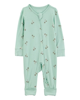 Baby Palm Tree Print 2-Way Zip PurelySoft Convertible Foot Sleeper Pyjamas - Mint