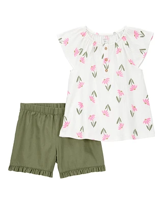 Kid 2-Piece Floral Top & Short Set - Cream/Green