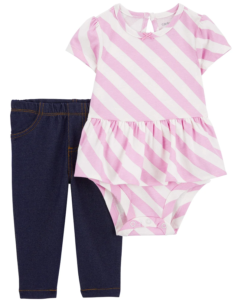 2-Piece Striped Peplum Bodysuit Pant Set