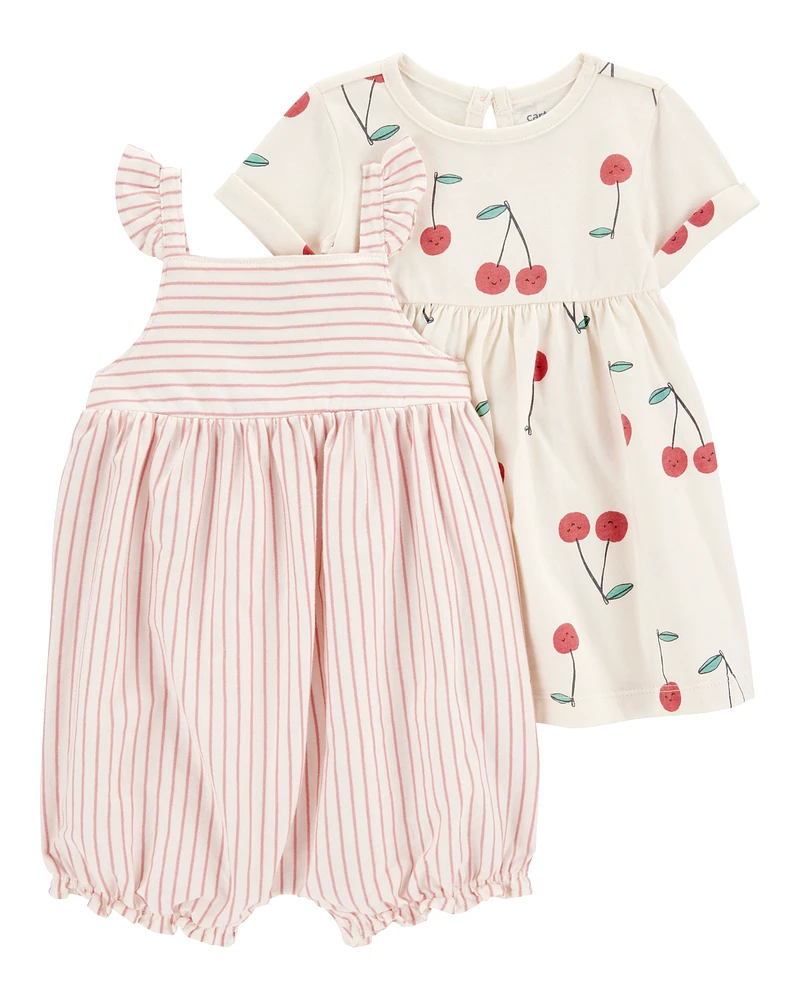 2-Piece Cherry Dress & Striped Romper Set