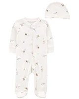 Baby 2-Piece Floral 2-Way Zip Cotton Sleep & Play Cap Set