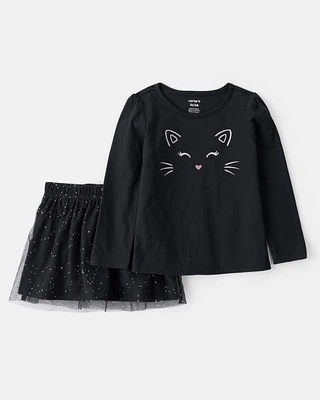 Toddler 2-Piece Halloween Cat Tee & Tulle Skort Set