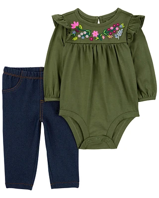 2-Piece Embroidered Bodysuit Pant Set