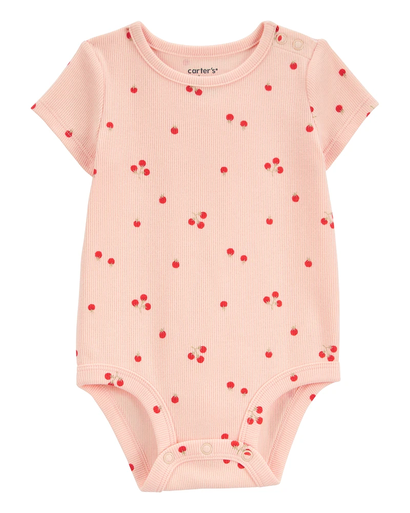 Baby Tomato Print Ribbed Short-Sleeve Bodysuit - Pink