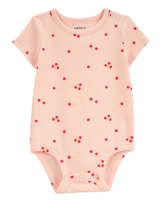 Baby Tomato Print Ribbed Short-Sleeve Bodysuit - Pink