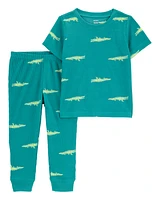 Toddler Alligator Print Loose Fit Waffle Knit 2-Piece Pyjamas - Green