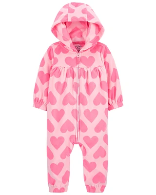 Baby Hearts Hooded Zip-Up Fleece Jumpsuit