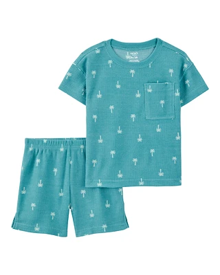 Toddler Palm Tree Print Loose Fit Waffle Knit 2-Piece Pyjamas - Turquoise