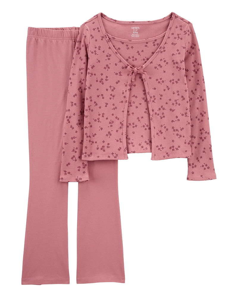 Kid 3-Piece Floral Cardigan & Flare Legging Set