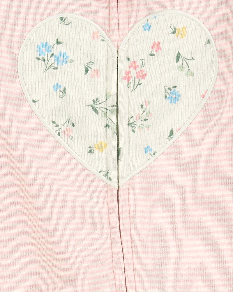 Baby Heart Striped 2-Way Zip Cotton Sleeper Pyjamas - Pink